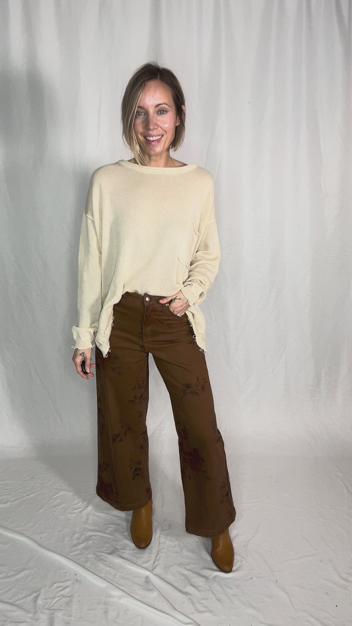 Drift Flower Print Wide Leg Pant- MOCHA