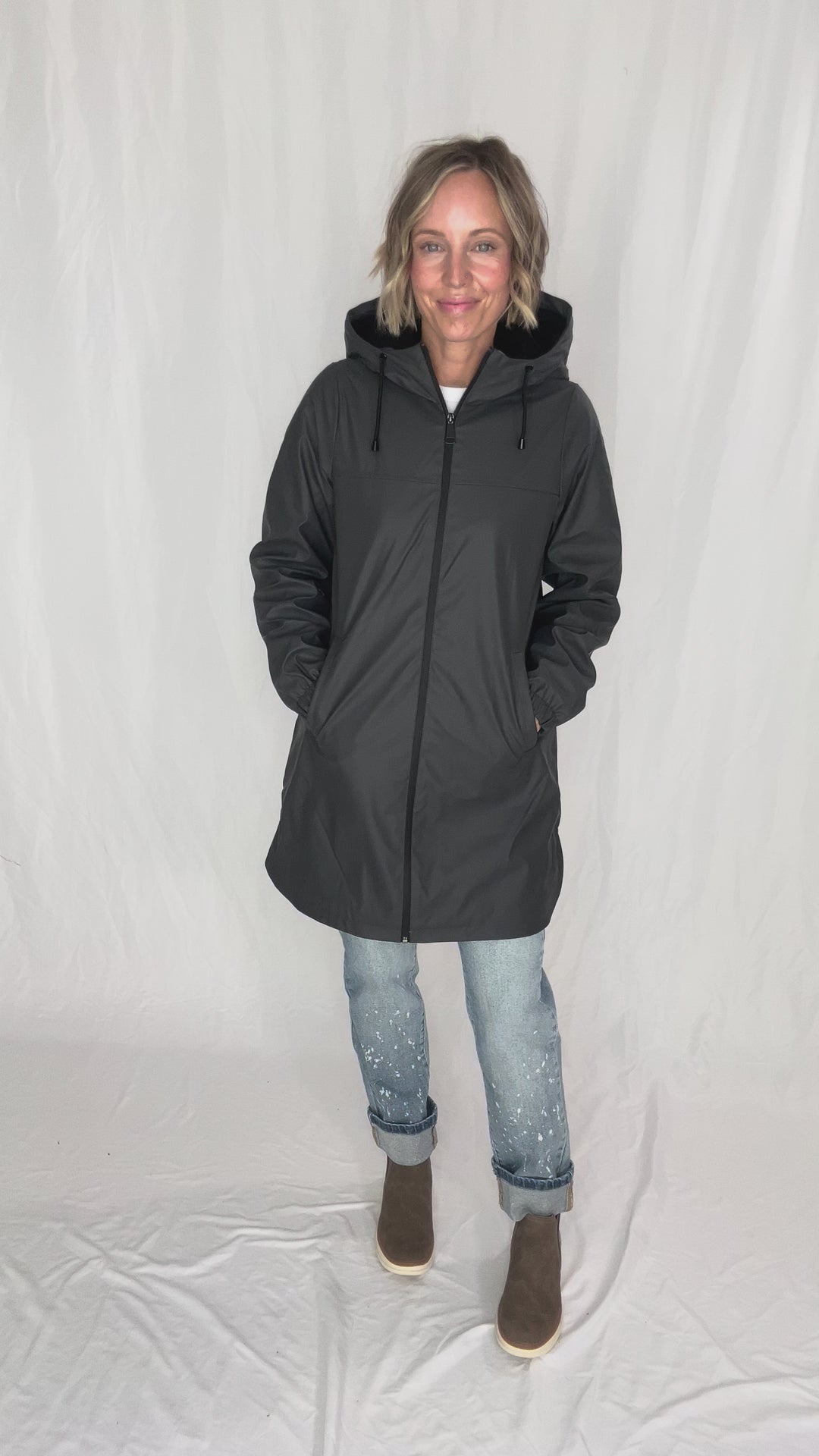 VERO MODA Asta Teddy Hooded Rain Coat- ASPHALT GREY