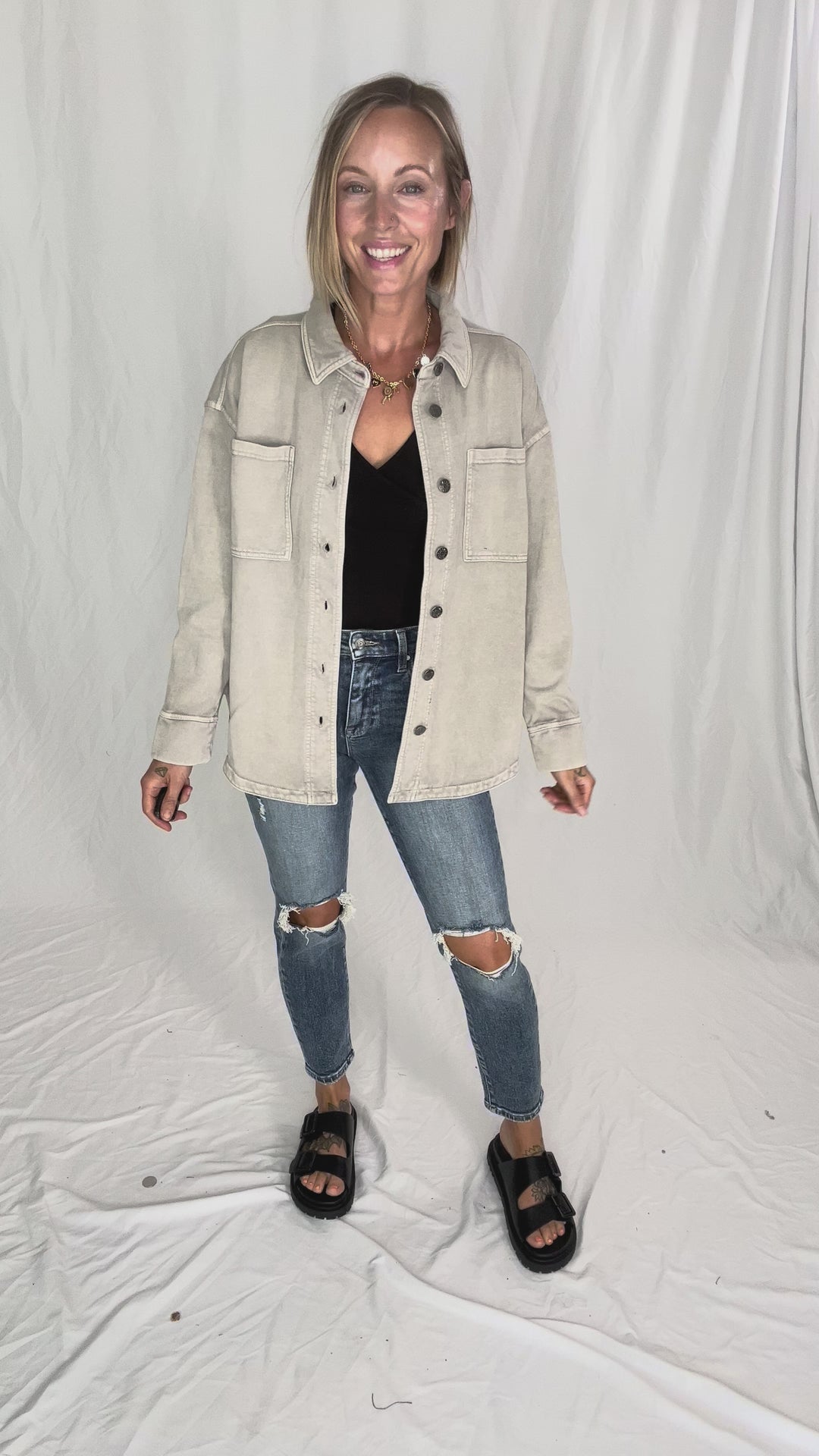Bethany Washed French Terry Shacket- WASH GREY