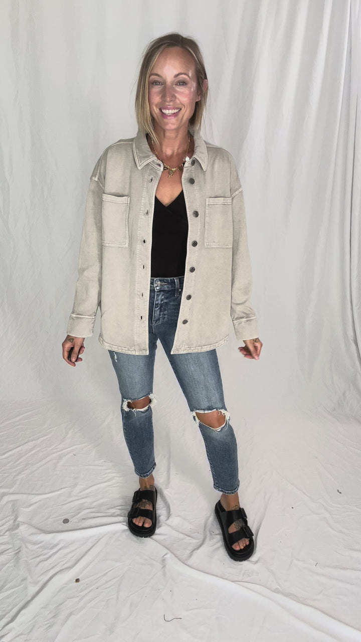 Bethany Washed French Terry Shacket- WASH GREY