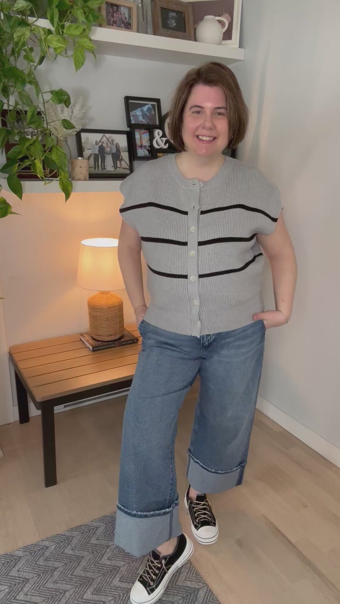 Rebbie Knit Button Down Short Sleeve Top- HEATHER GREY