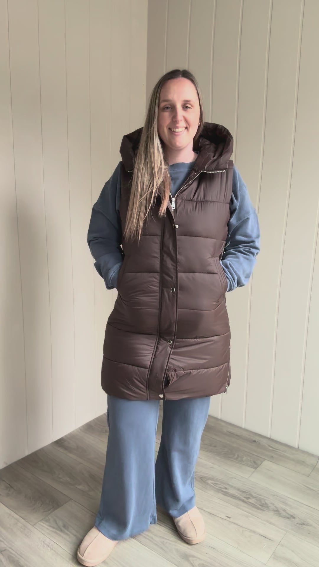 Mono B Harbour Lights Hooded Longline Puffer Vest- COFFEE BEAN