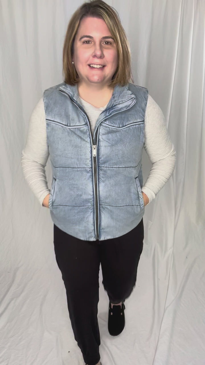 Eli Denim Puffer Vest- DENIM BLUE