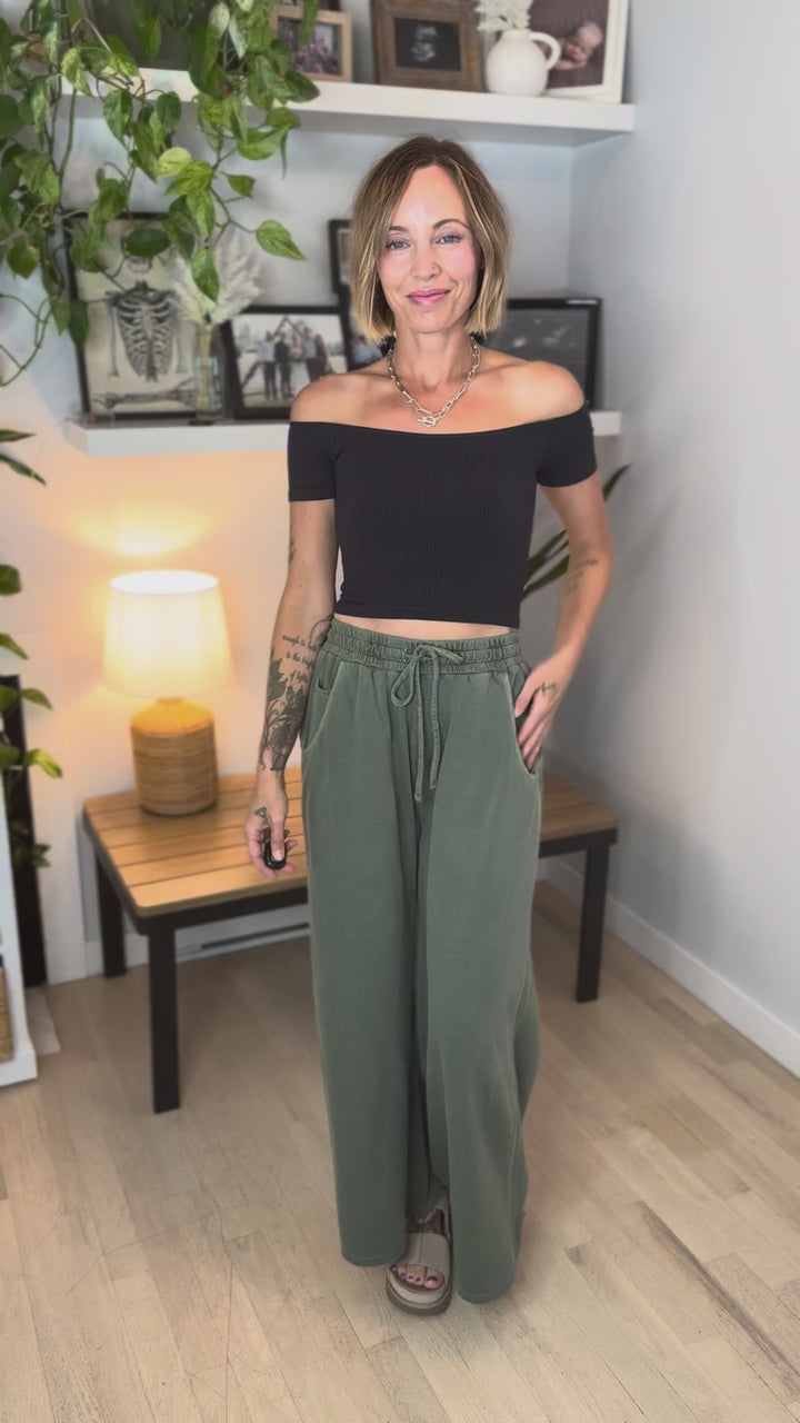 Solana Washed French Terry Wide Leg Pant- ARMY GREEN