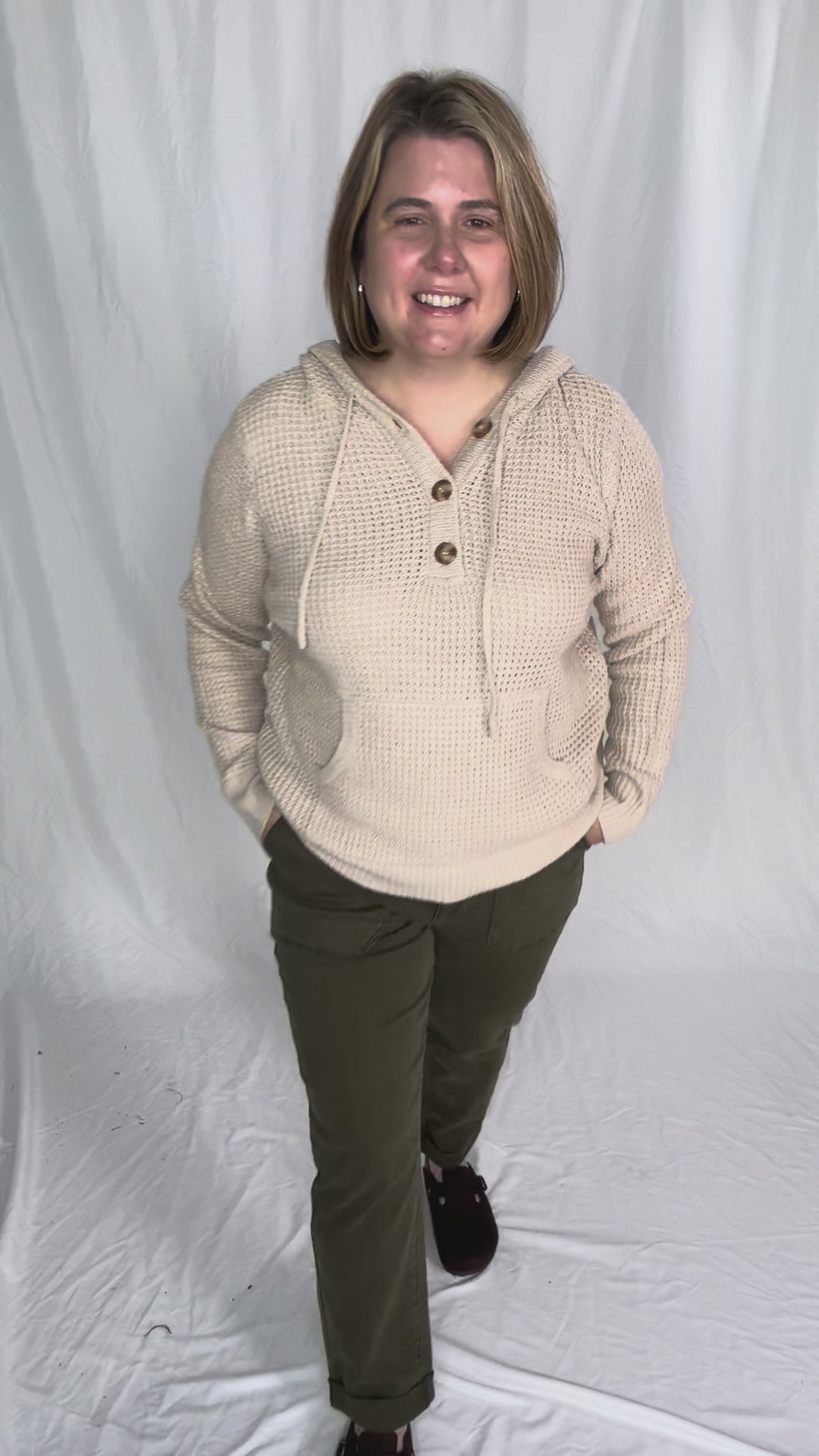Viso Half Button Waffle Hooded Sweater- OATMEAL