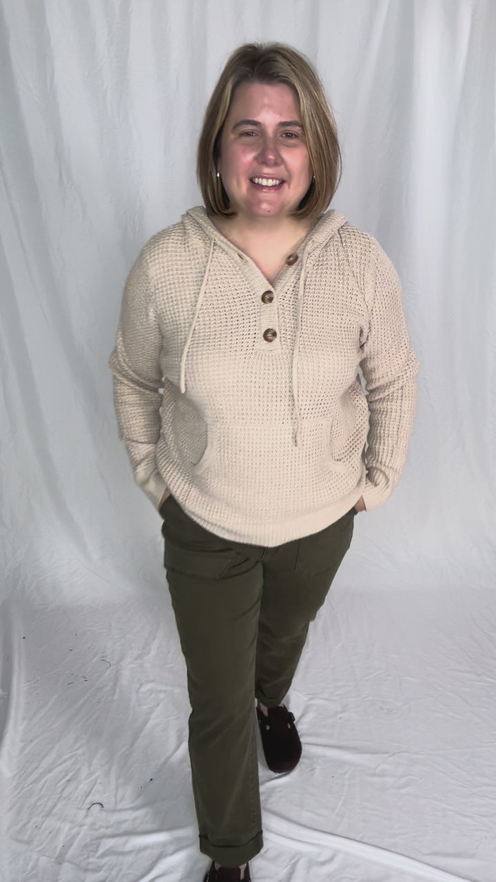 Viso Half Button Waffle Hooded Sweater- OATMEAL