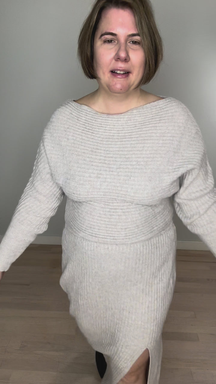 Chantel One Shoulder Off Side Slit Mini Knit Sweater Dress- OATMEAL