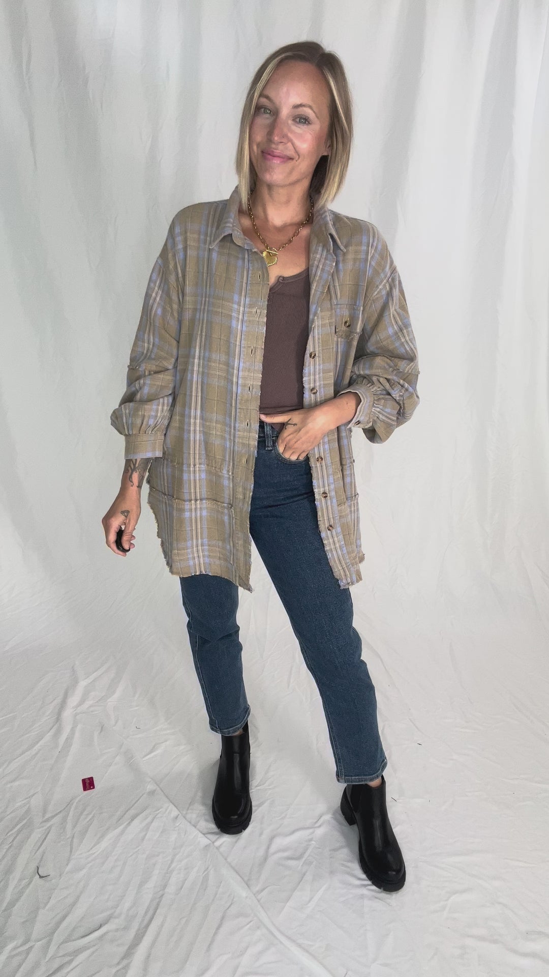 Felix Oversized Plaid Button Shacket- SAGE GREY