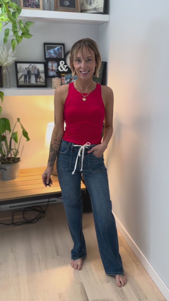 RISEN Harlet Tie Waist Relaxed Straight Leg- MEDIUM WASH