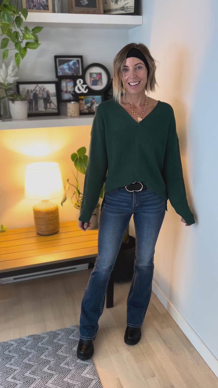 Jillian Knit V-Neck Drop Shoulder Sweater- TEAL GREEN