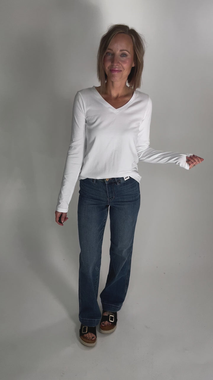 Azura Stretch Cotton Long Sleeve V-Neck Top- WHITE-FINAL SALE