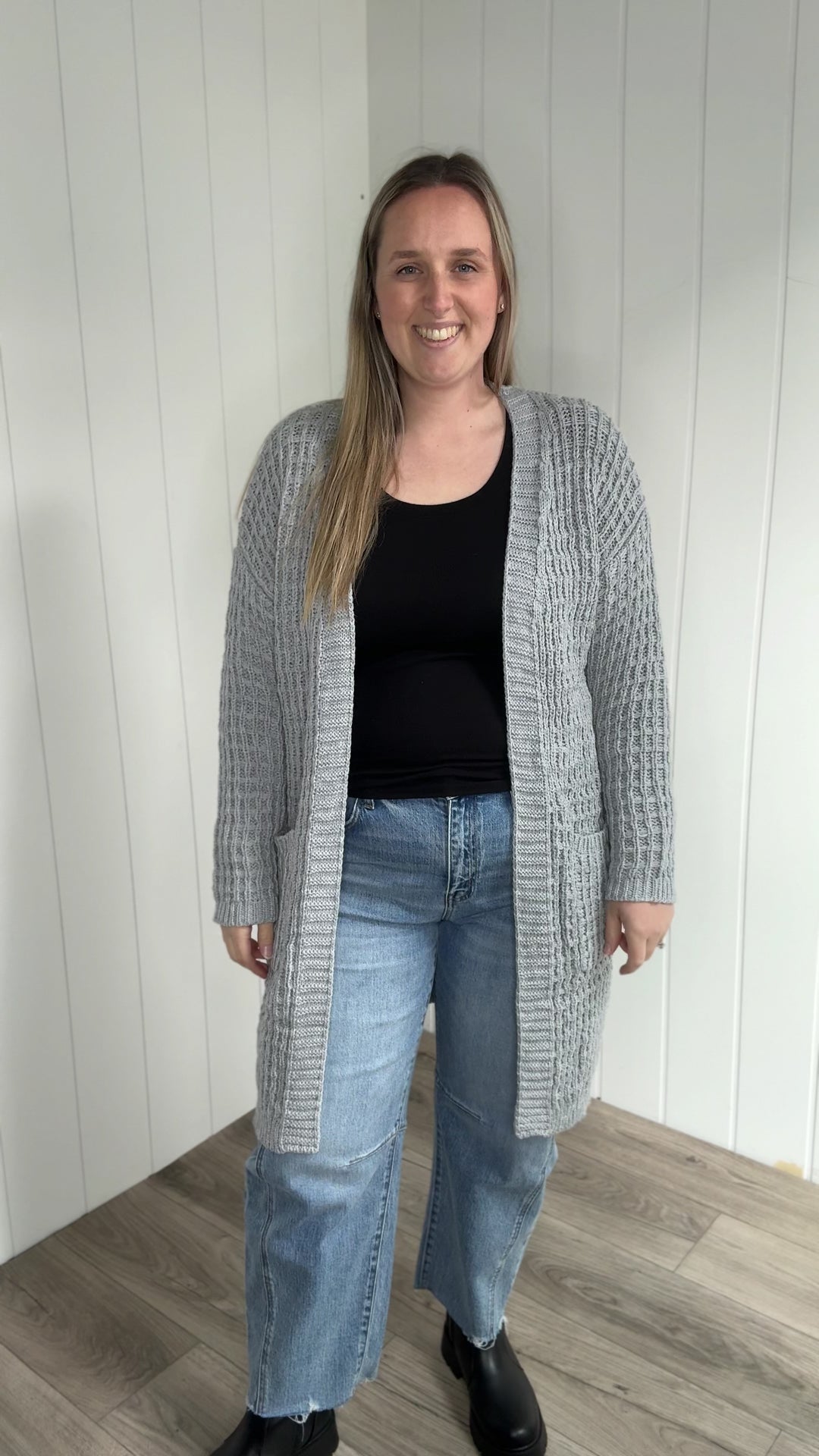 Brandi Long Waffle Knit Cardigan- HEATHER GREY