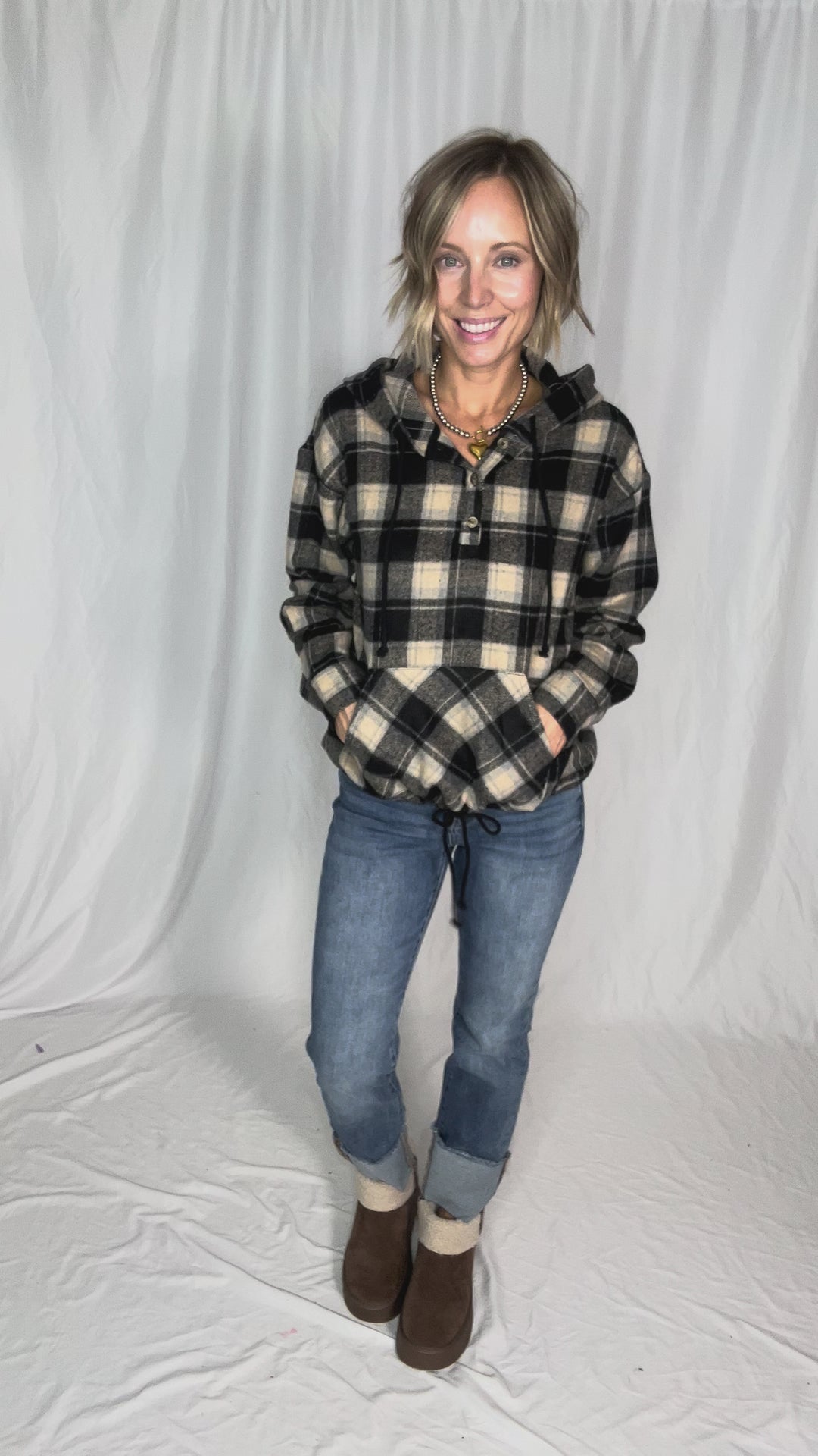 Briar Lightweight Flannel Plaid Pullover Hoodie- BLACK/COMBO