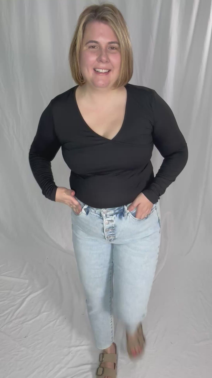 Nicole Surplice Long Sleeve Bodysuit- BLACK