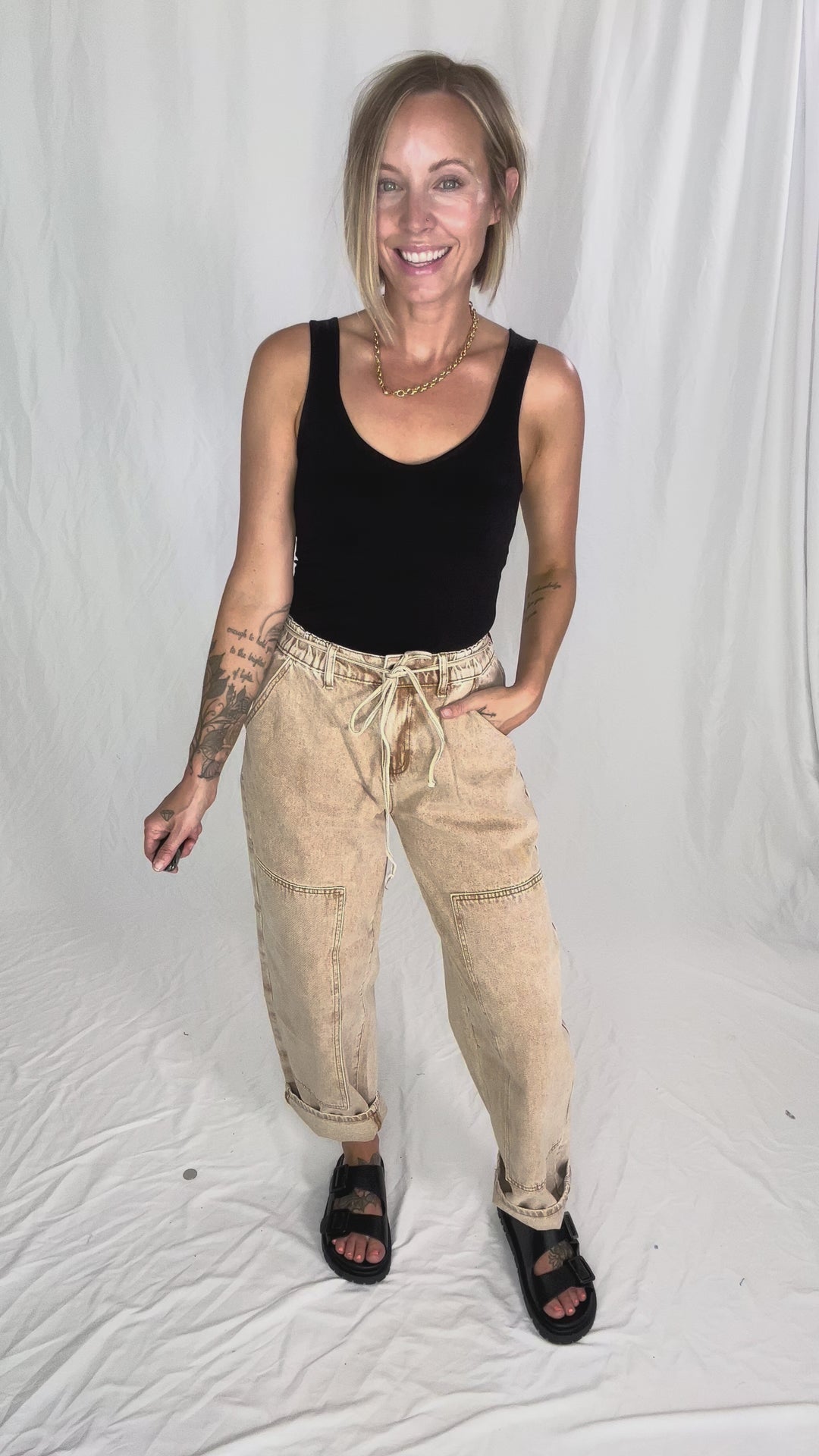 Jazz Colour Washed Barrel Fit Pants- TAN WASH