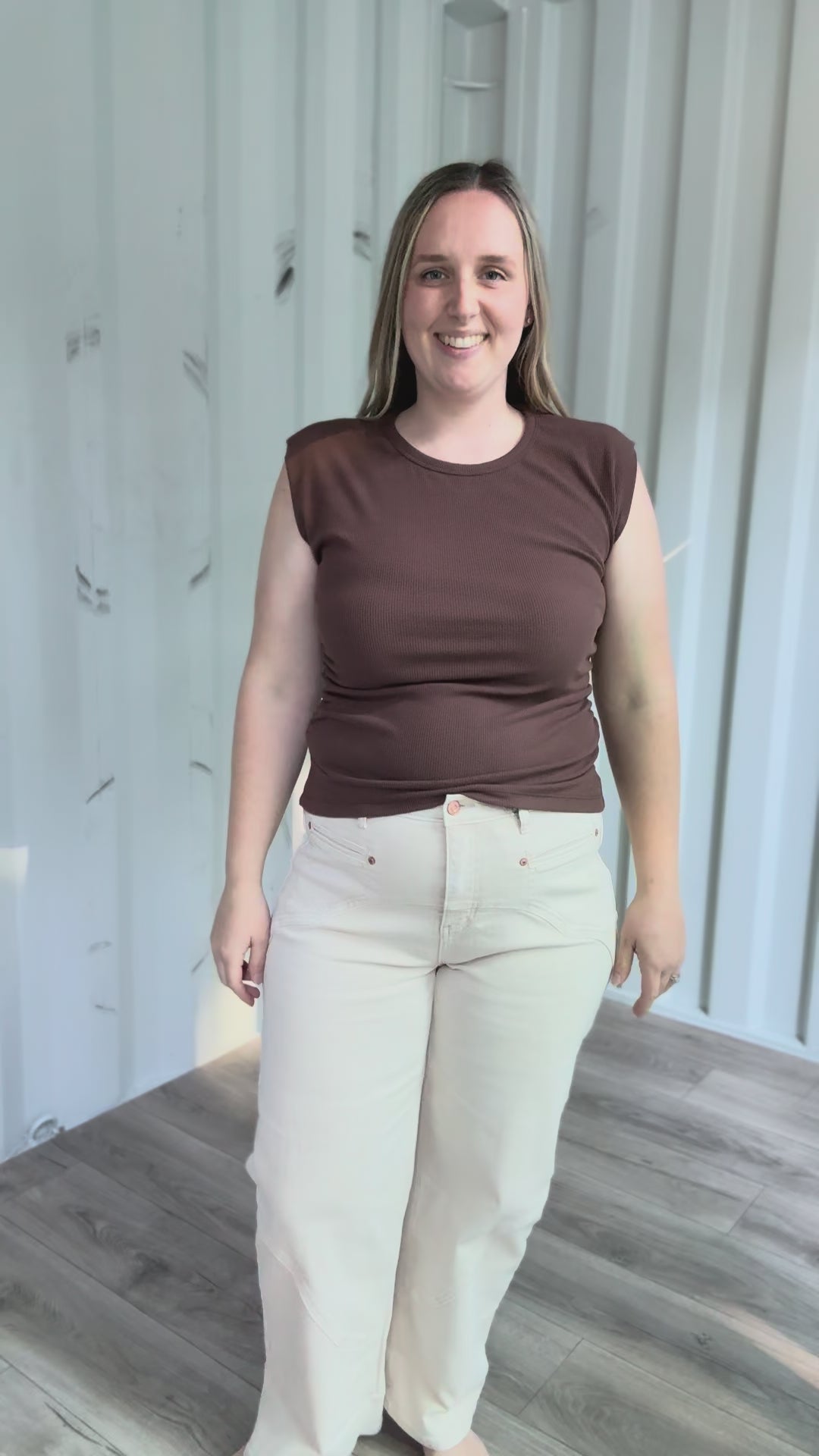 Foxvale Terry Rib Side Ruched Muscle Top- BROWN