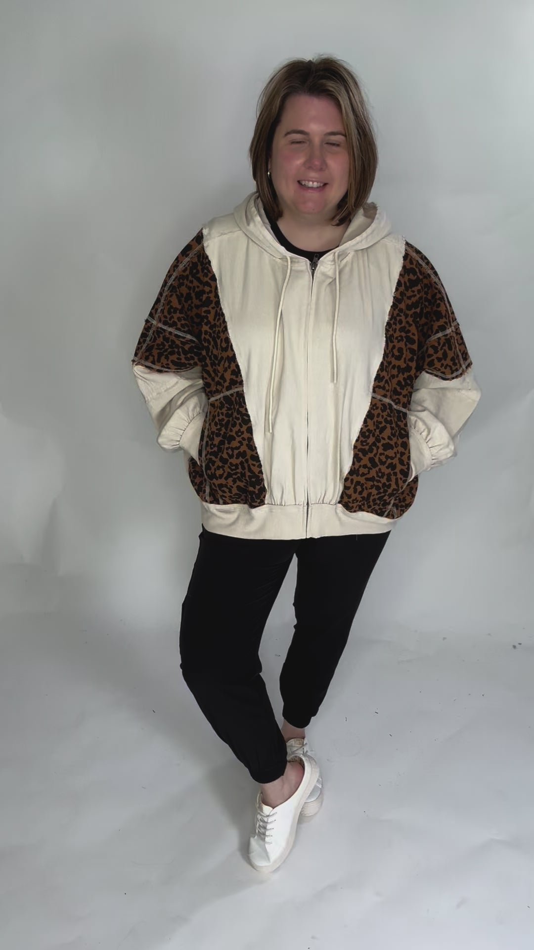 Vasia Washed Leopard and Oatmeal Denim HOODIE- OATMEAL/LEOPARD-FINAL SALE