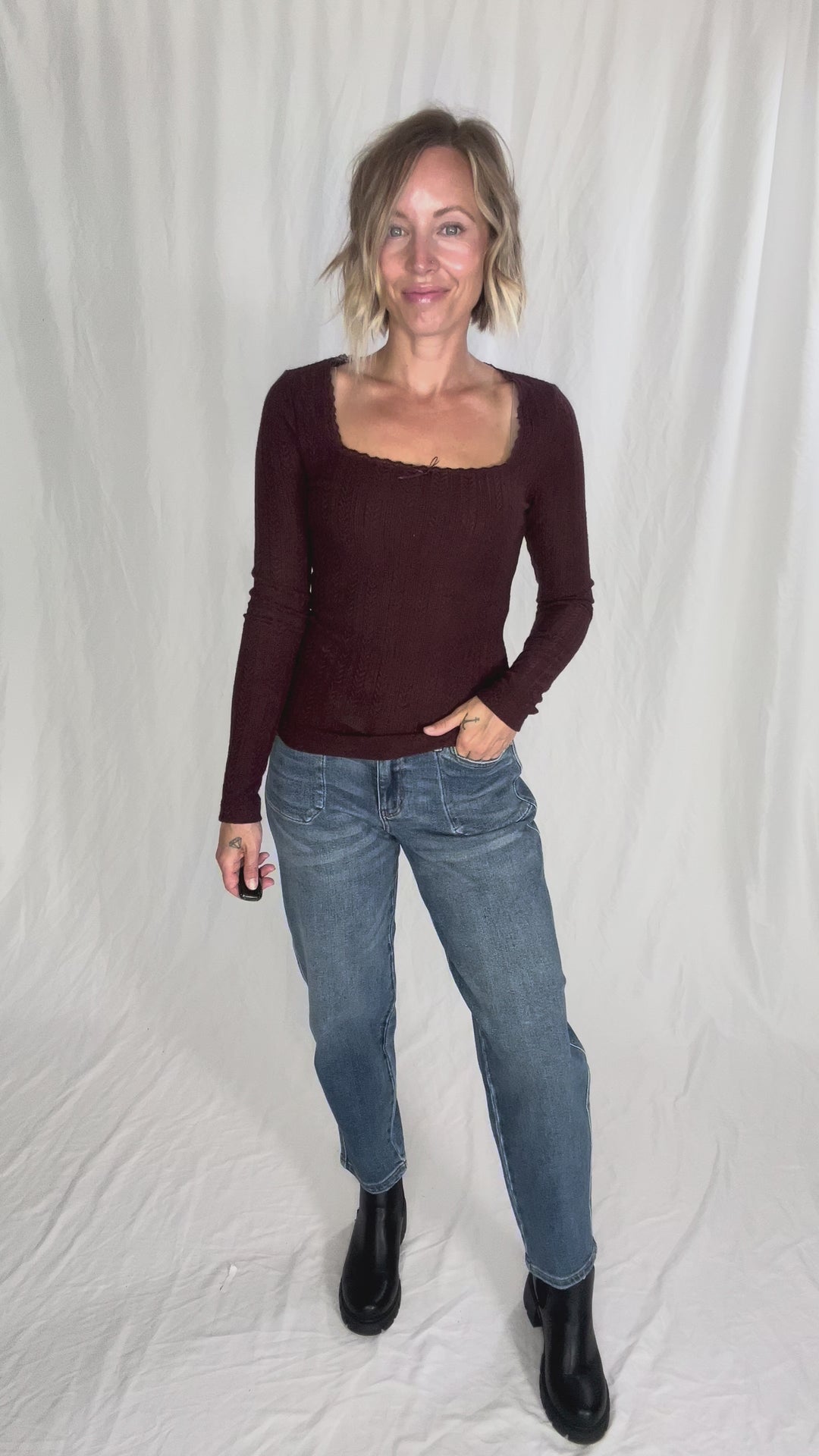 Kristin Edge Lace Neck Lace Detail Knit Top- MERLOT