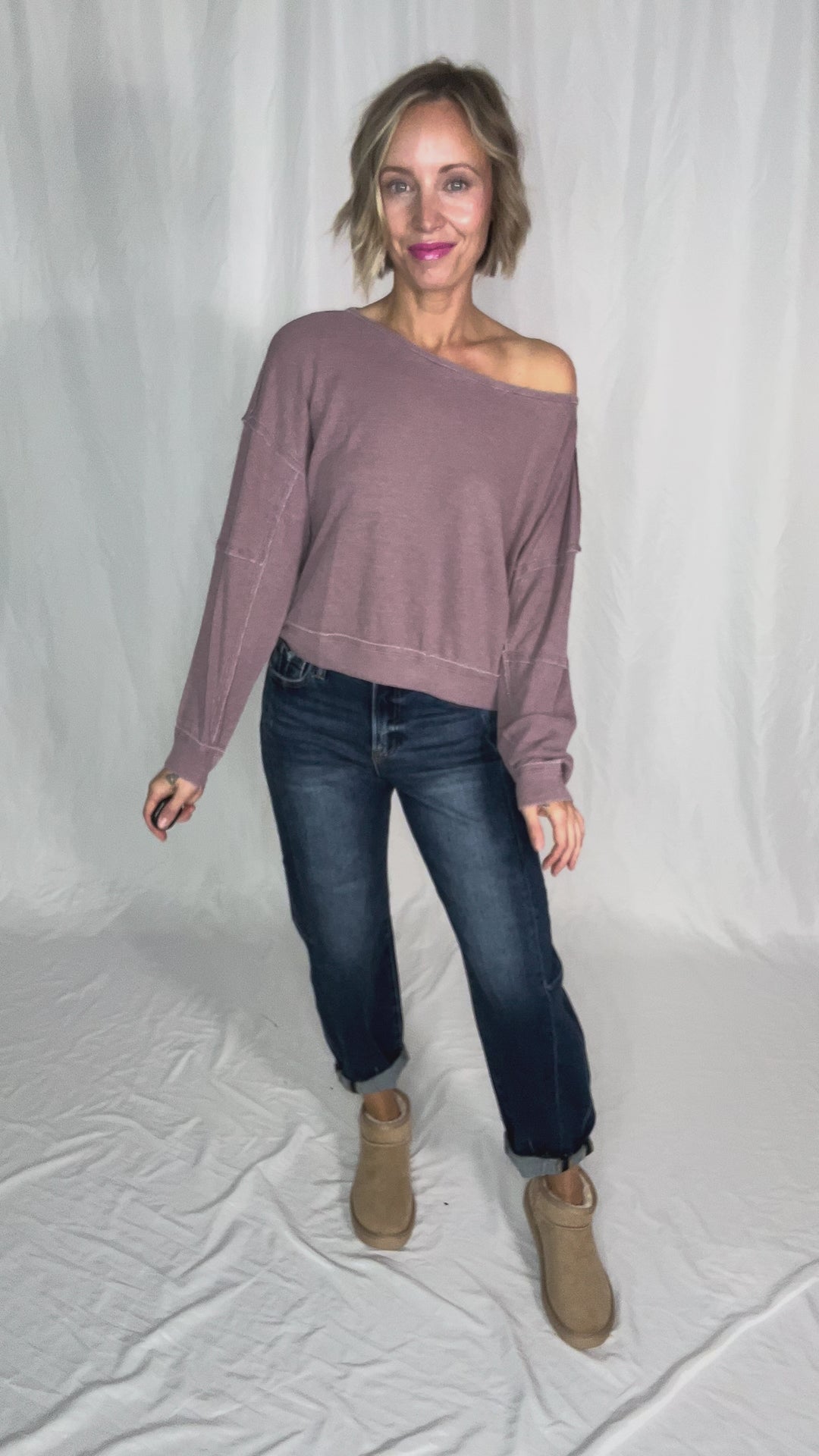 MONO B Aris Waffle Boat Neck Pullover- ROSE TAUPE
