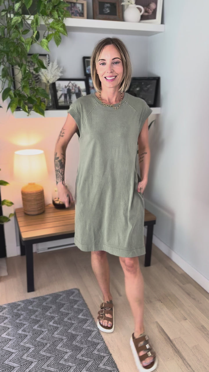 Nalu Washed Cap Sleeve Cotton Dress- OLIVE