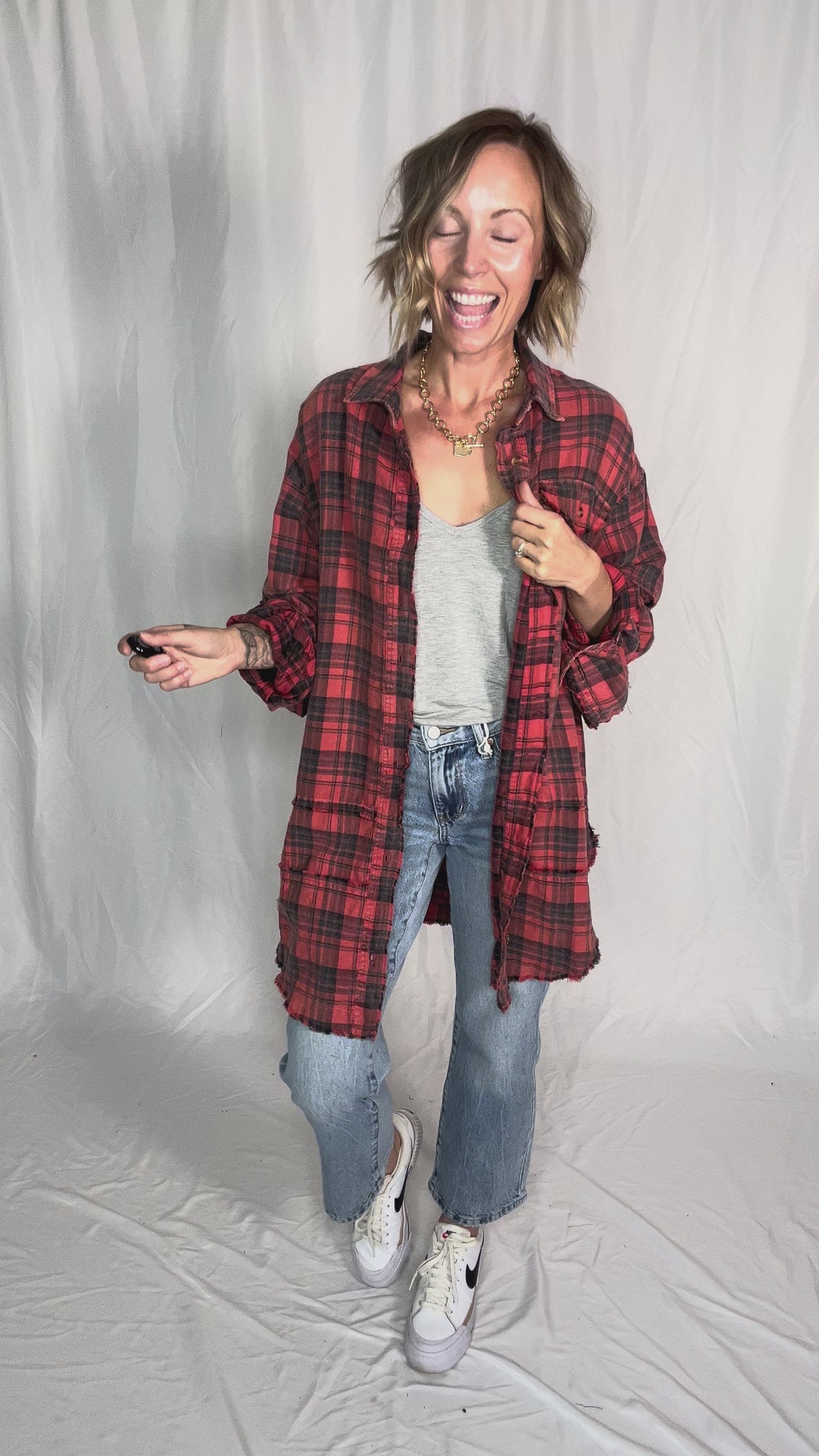 Fenton Oversized Plaid Button Shacket- FADED CORAL RED