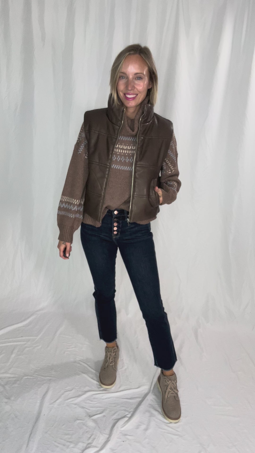 Vivianna Leather Look Puffer Vest- BROWN