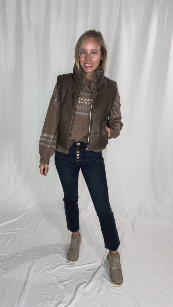 Vivianna Leather Look Puffer Vest- BROWN