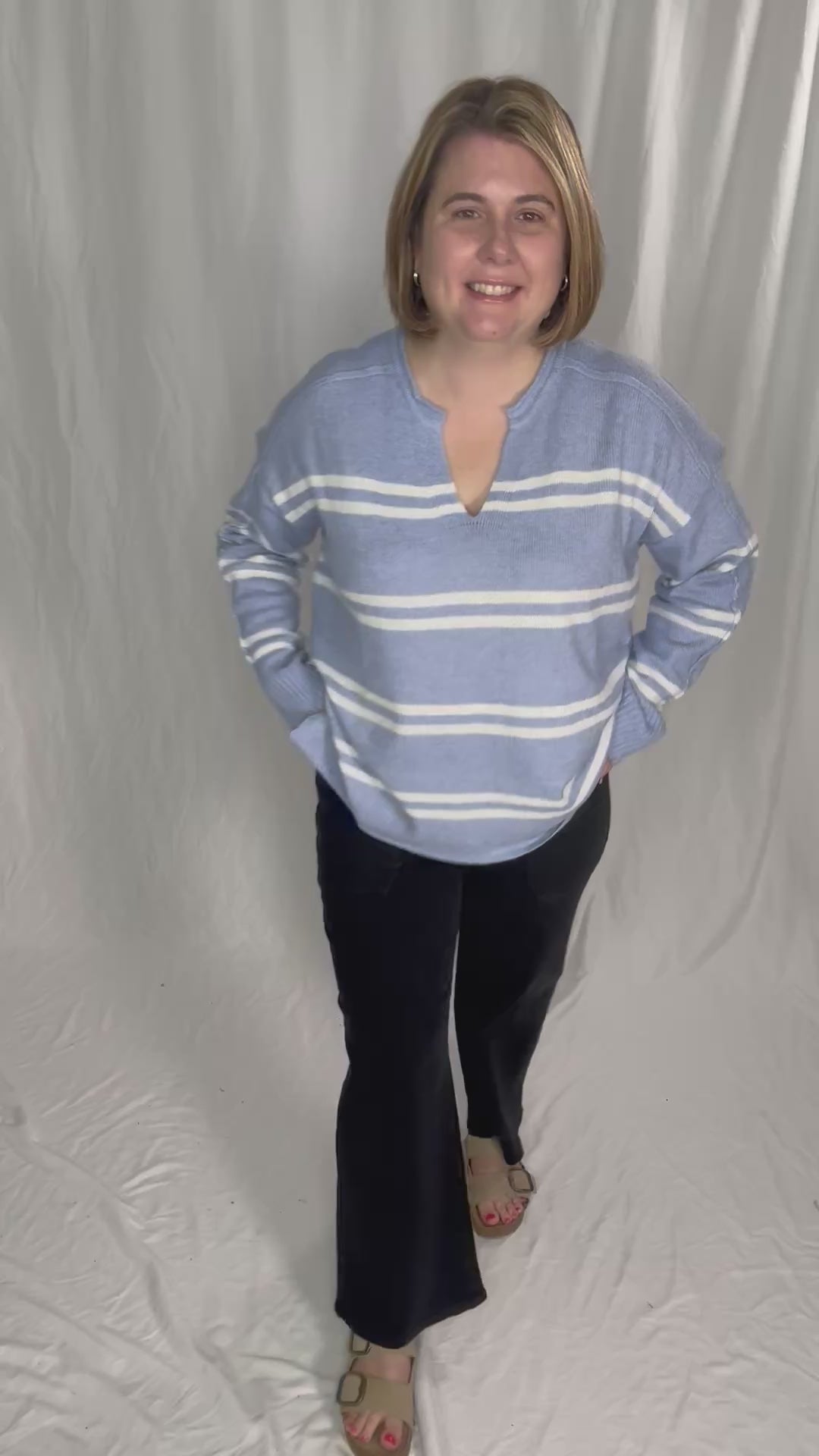 Kailey Notch Neck Striped Knit Sweater- PERI BLUE