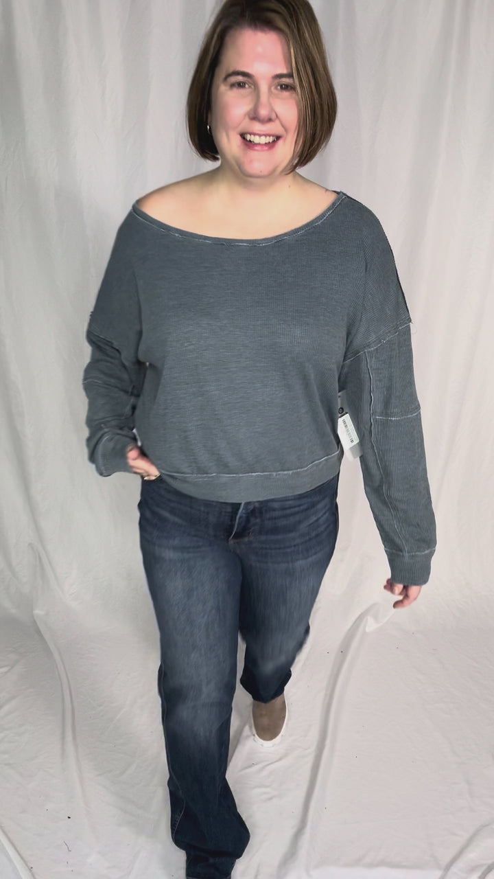 MONO B Aris Waffle Boat Neck Pullover- MIDNIGHT NAVY
