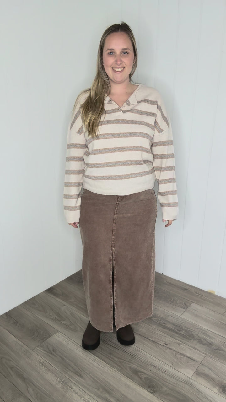 Finley Stripe Henley Sweater- OATMEAL