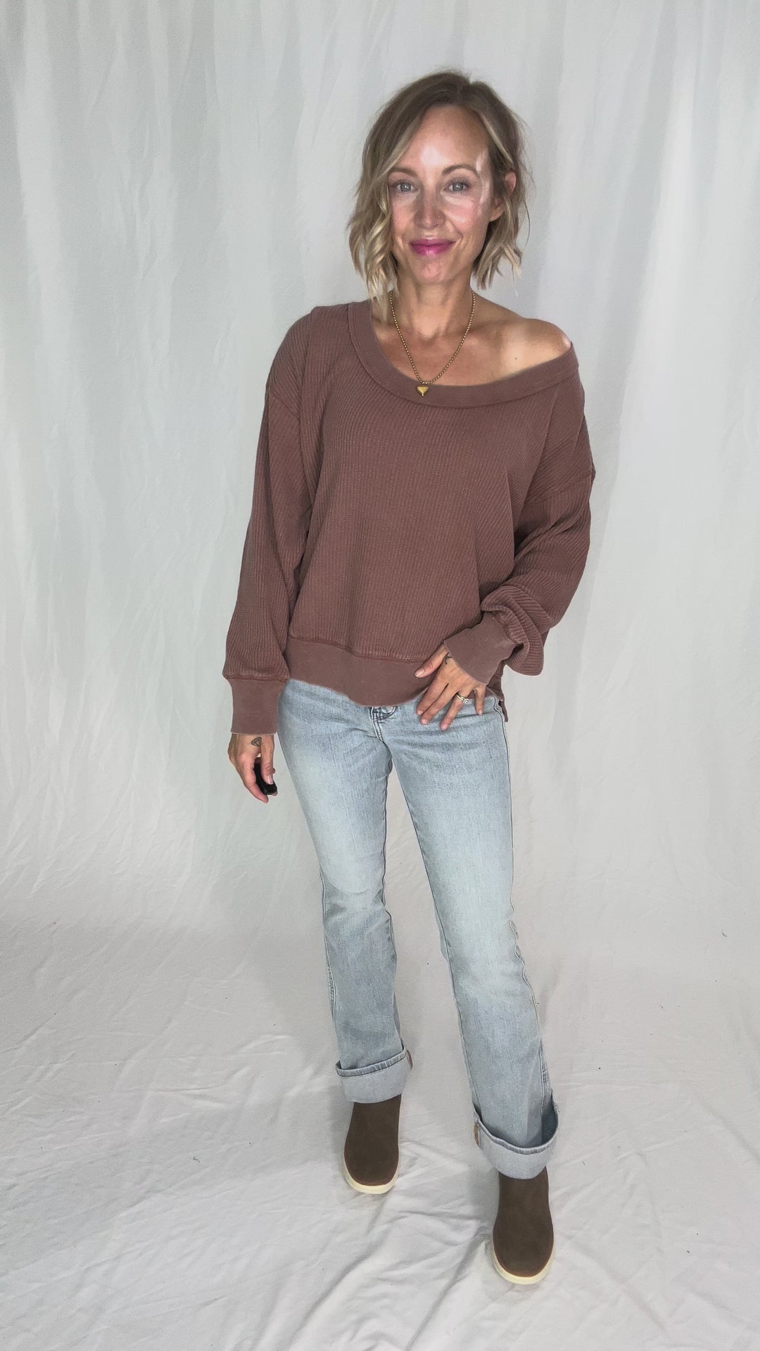 Devon Waffle Long Sleeve- CHESNUT