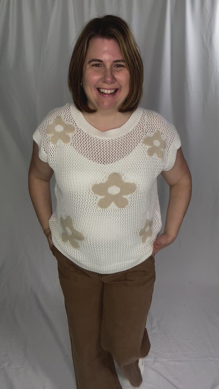 Torie Short Sleeve Floral Fish Net Pullover- OFF WHITE-FINAL SALE