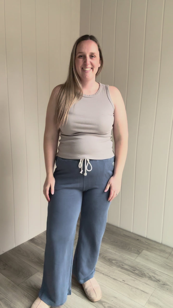 MONO B Sophia Salt Wash Cotton Straight Leg Pants- OCEAN
