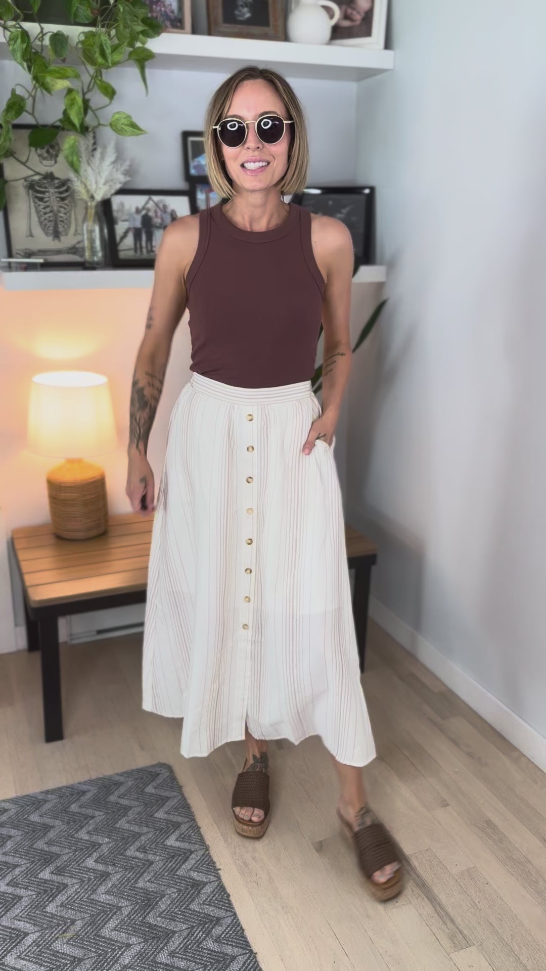 Luau Stripe Button Skirt- KHAKI