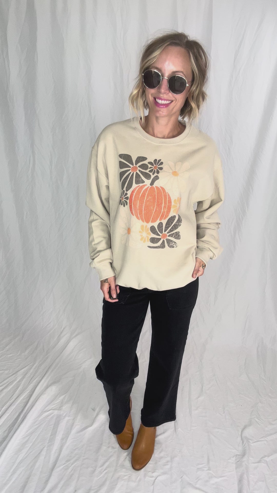Neutral Modern Pumpkins Graphic Crewneck- SAND