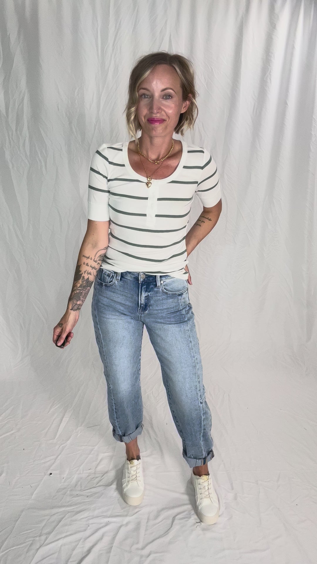 Chleo Classic Ribbed Striped Henley 1/2 Sleeve- SPRUCE