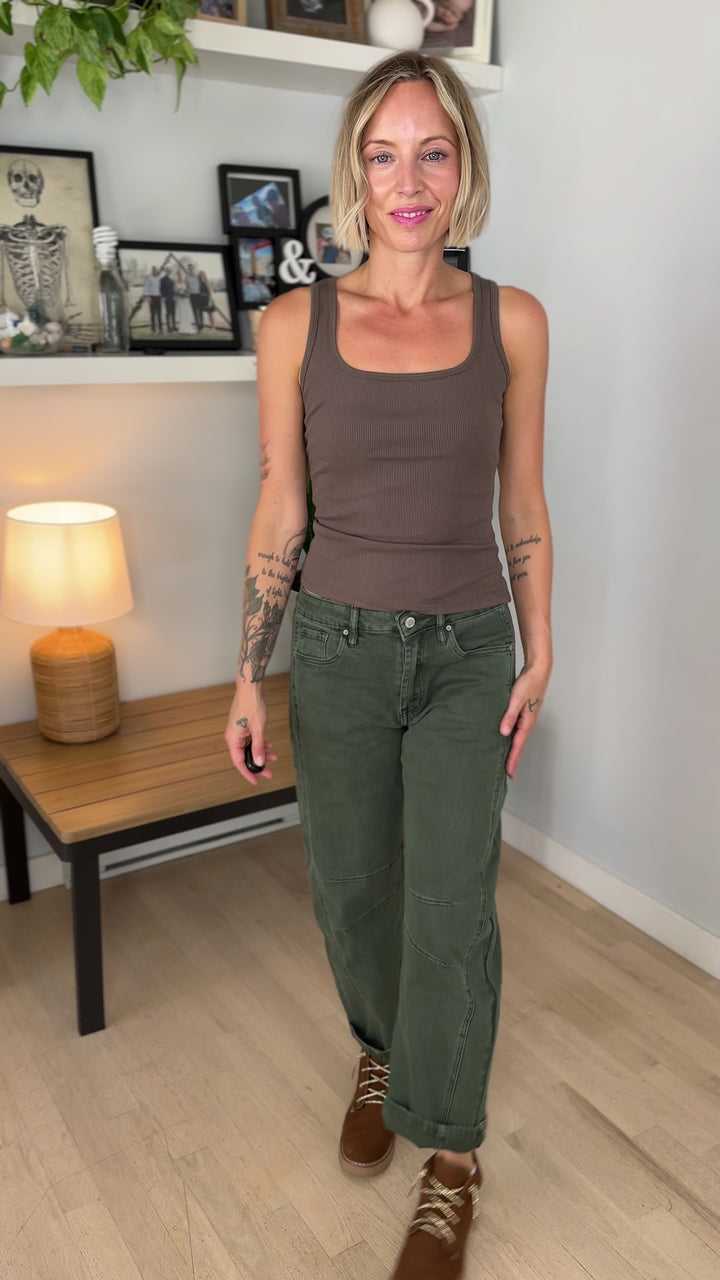 Mono B Billie Square Neck Micro RIbbed Tank Top- TRUFFLE