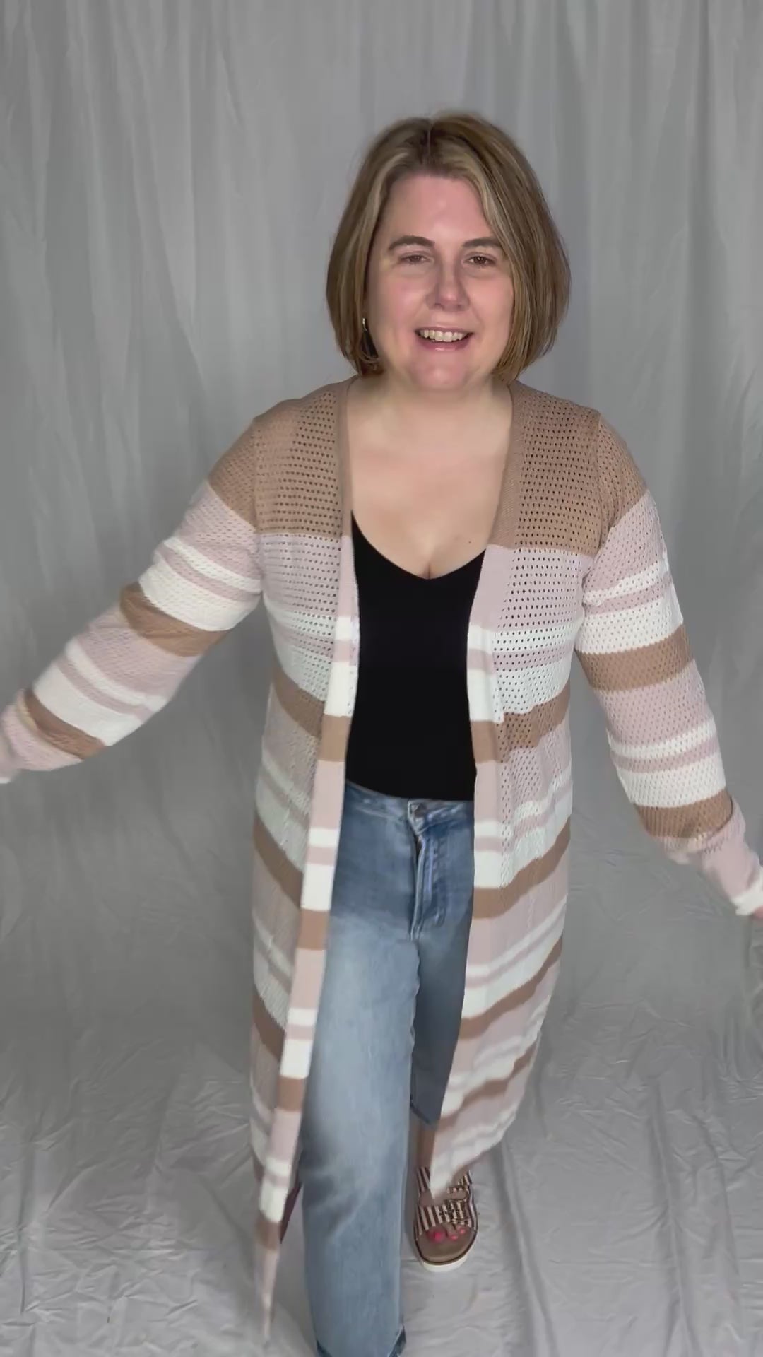 Tameka Striped Knit Long Line Open Front Cardigan- PINK COMBO