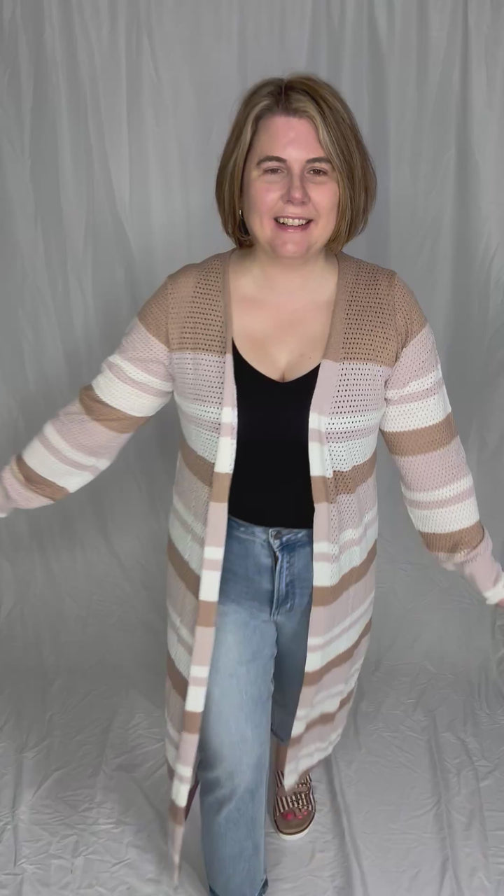 Tameka Striped Knit Long Line Open Front Cardigan- PINK COMBO