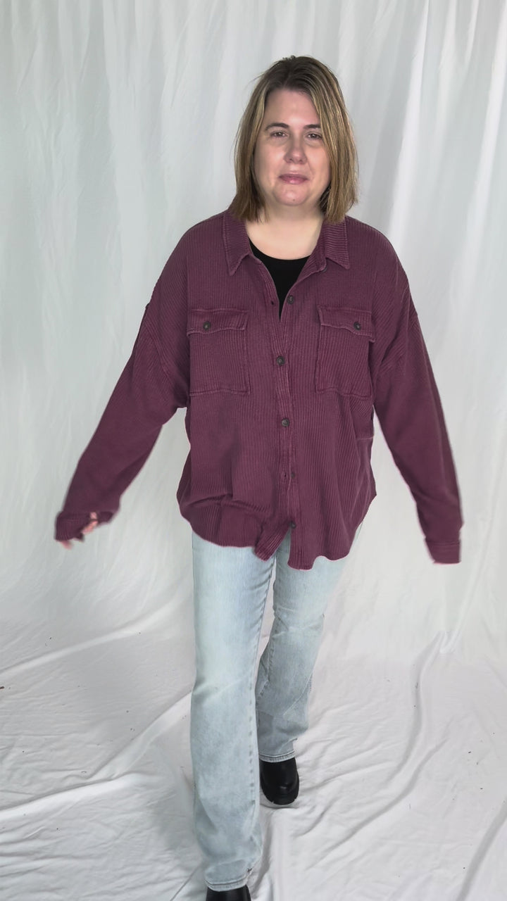 Ivy Waffle Shacket- DARK CHERRY