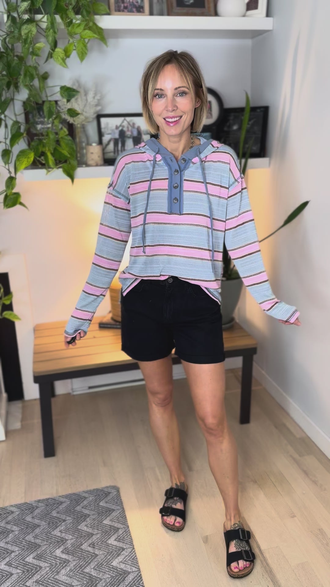 Lacey Light Weight Hooded Henley- PINK/AQUA