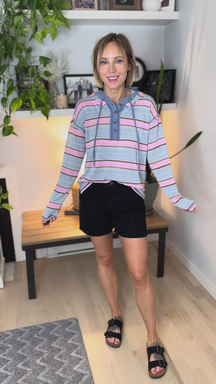 Lacey Light Weight Hooded Henley- PINK/AQUA