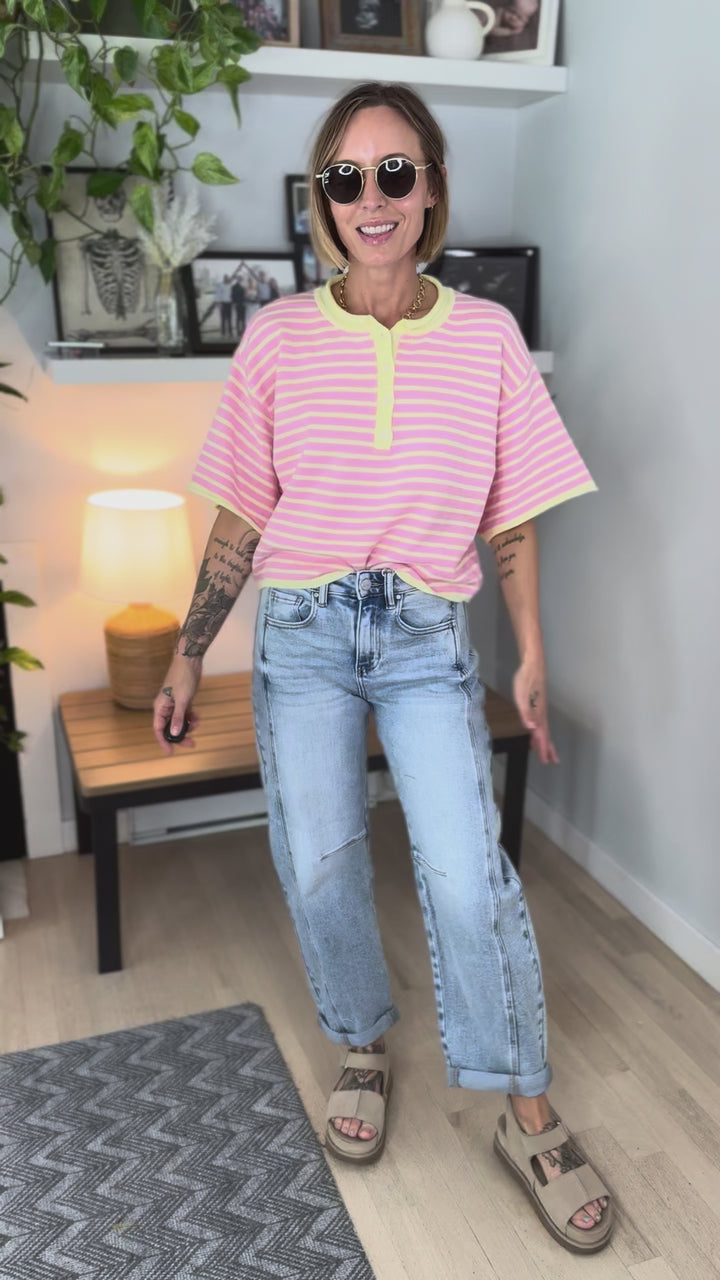 Palmer Striped Short Sleeve Henley- PINK LEMONADE