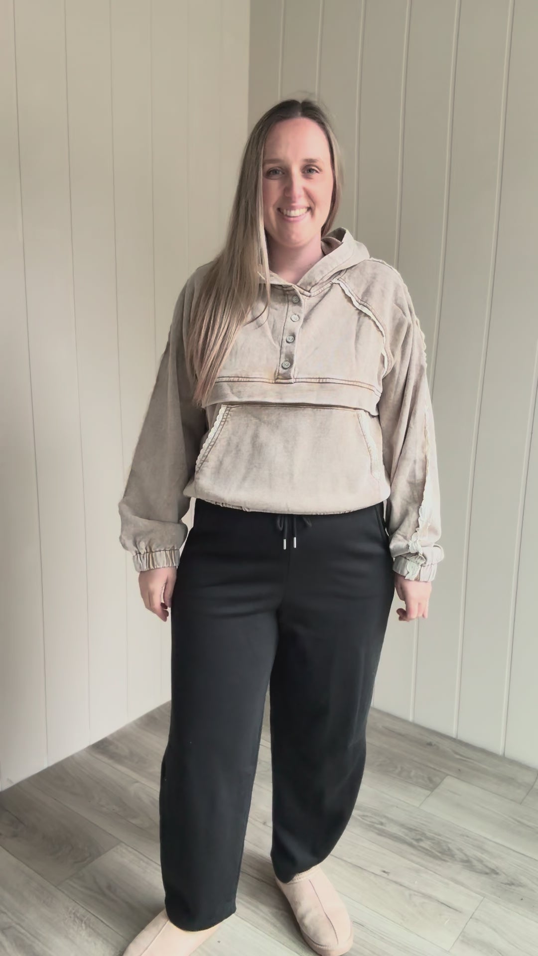 POL Nightcap Hooded Pullover- LIGHT TAUPE
