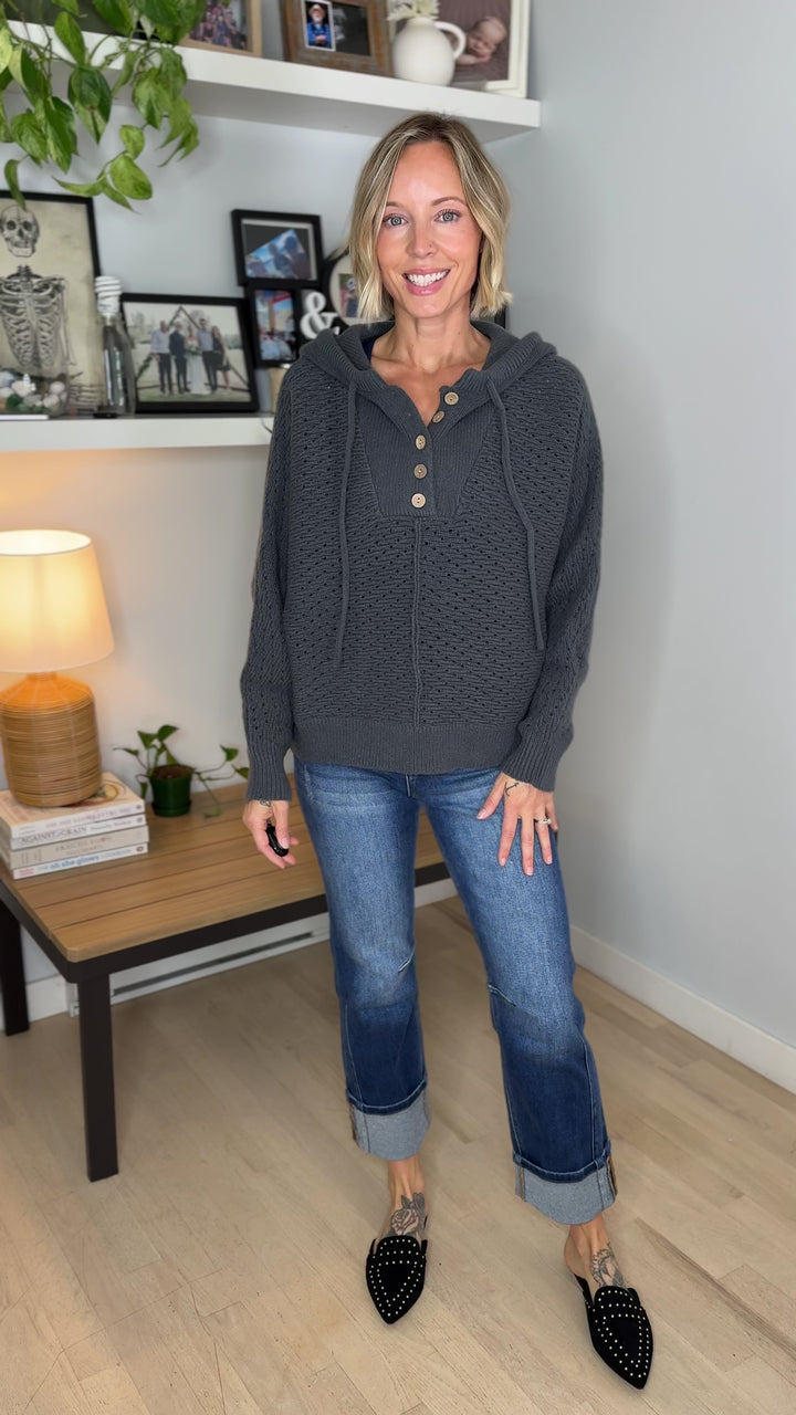 Elenara Half Button Down Hoodie Sweater- CHARCOAL