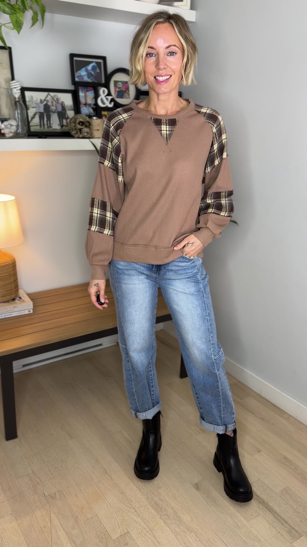 Grove Crew Neck Plaid Thermal Long Sleeve- TAUPE