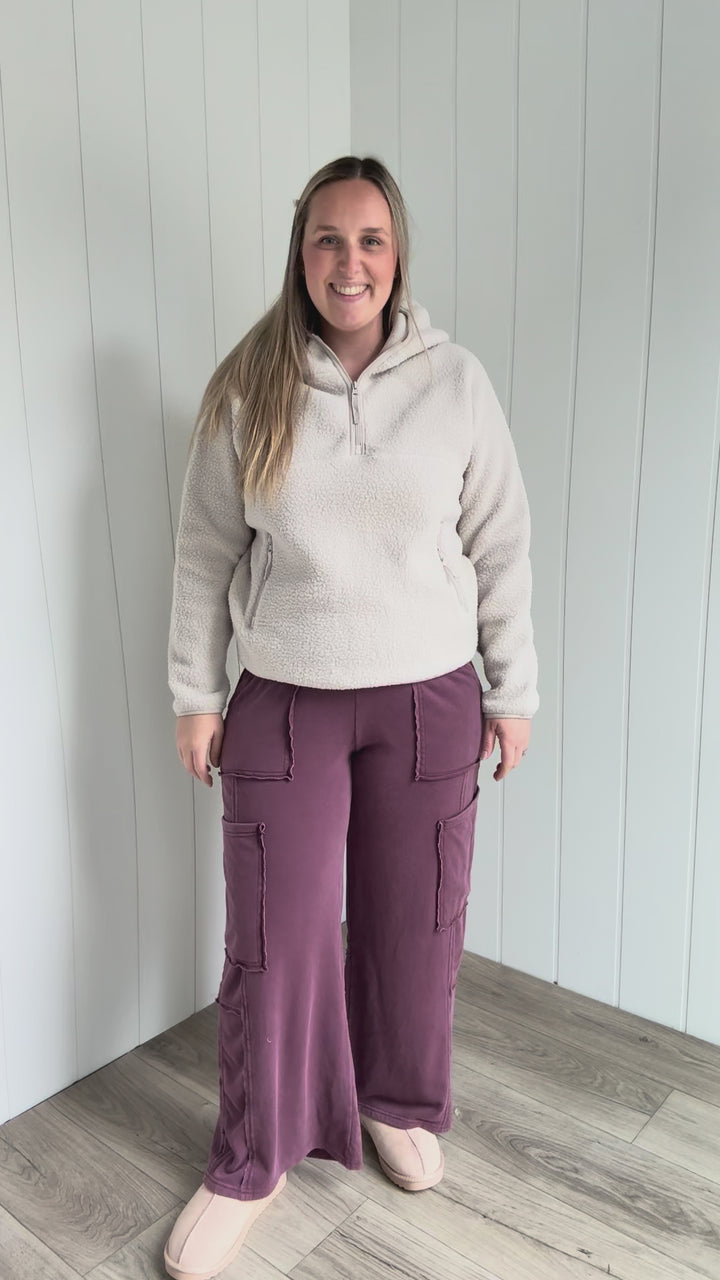 Willa Soft Sherpa Fleece Half Zipper Hoodie Pullover- ECRU