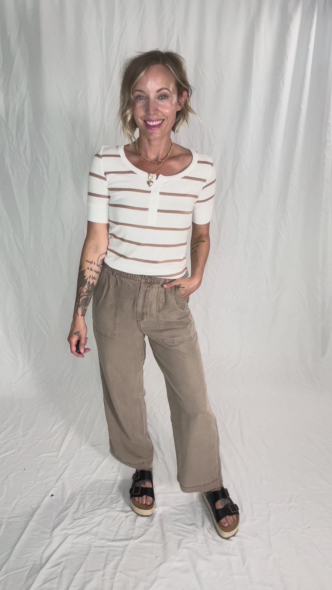 Chleo Classic Ribbed Striped Henley 1/2 Sleeve- CARAMEL
