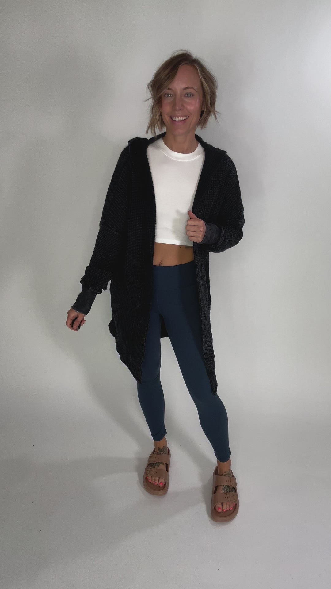 MONO B Freya Chunky Waffle Hooded Cardigan- BLACK