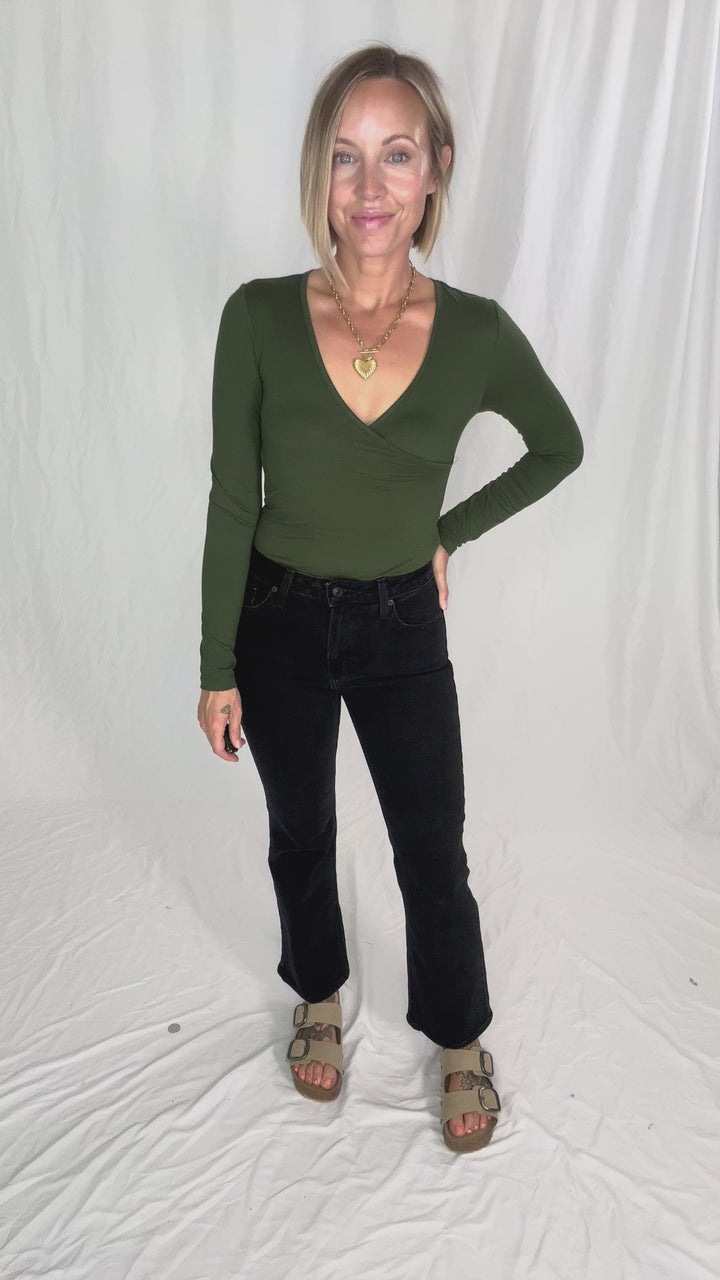 Nicole Surplice Long Sleeve Bodysuit- FOREST GREEN